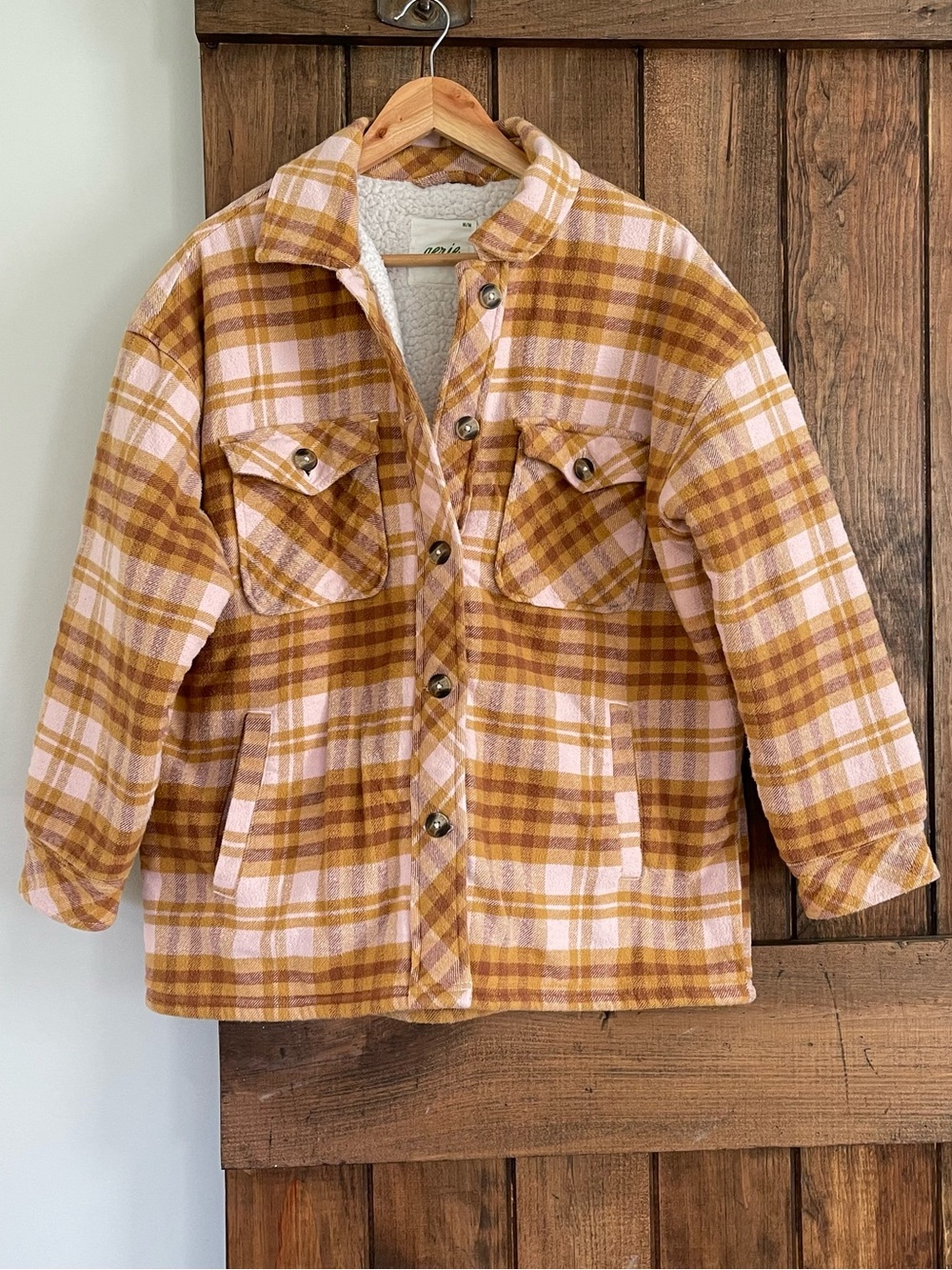 Aerie Plaid Flannel Sherpa Lined Shacket Jacket Pink Med Cabincore Cozy